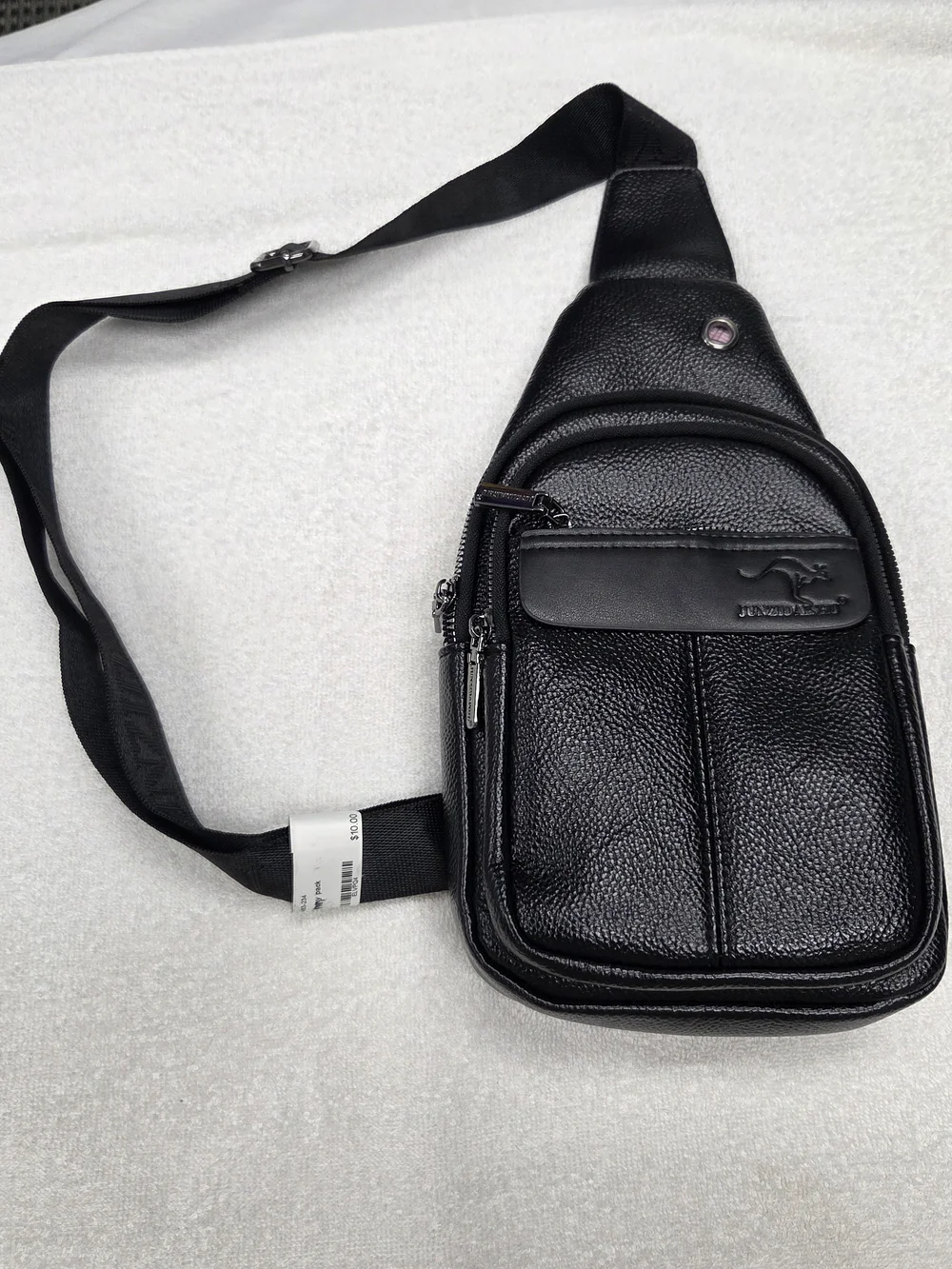 Black Leather Sling Bag for Men - Kangaroo Logo